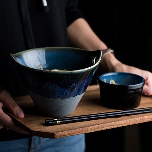 Deep Blue Ceramic Salad Bowl With Handle